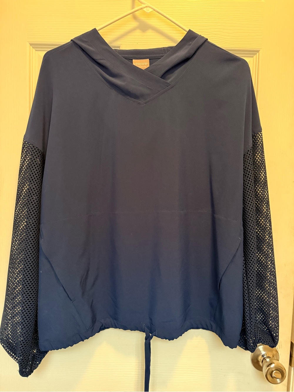 Chico's Navy V-Neck Hooded Sweater with Mesh Sleeves